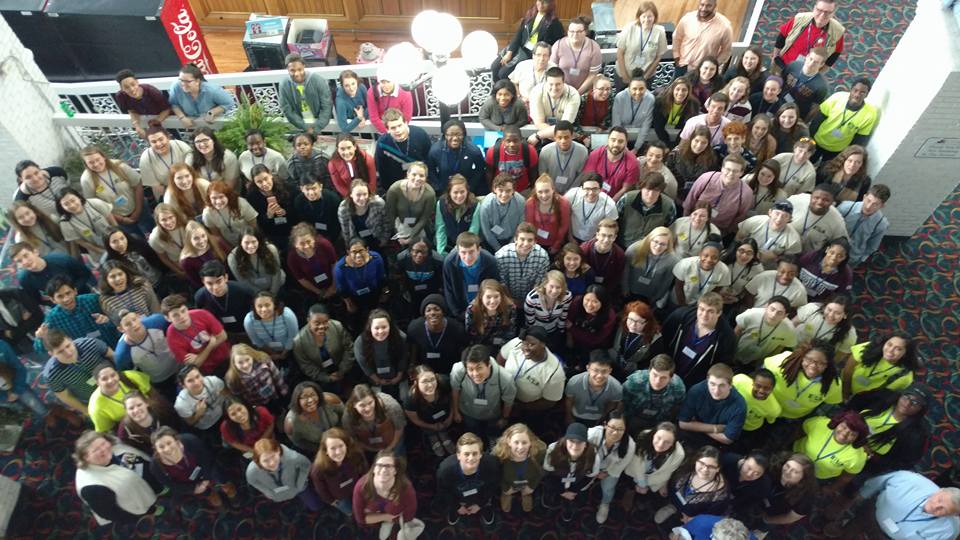 large group of people looking up